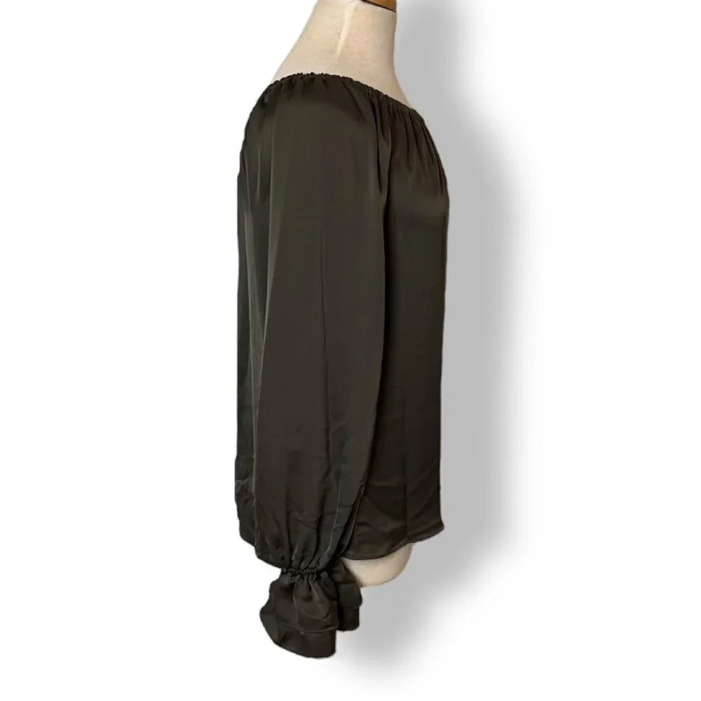 Ramy Brook Off One Shoulder Murphy Top Blouse Satin Ruffle Cuff Olive Sz XS